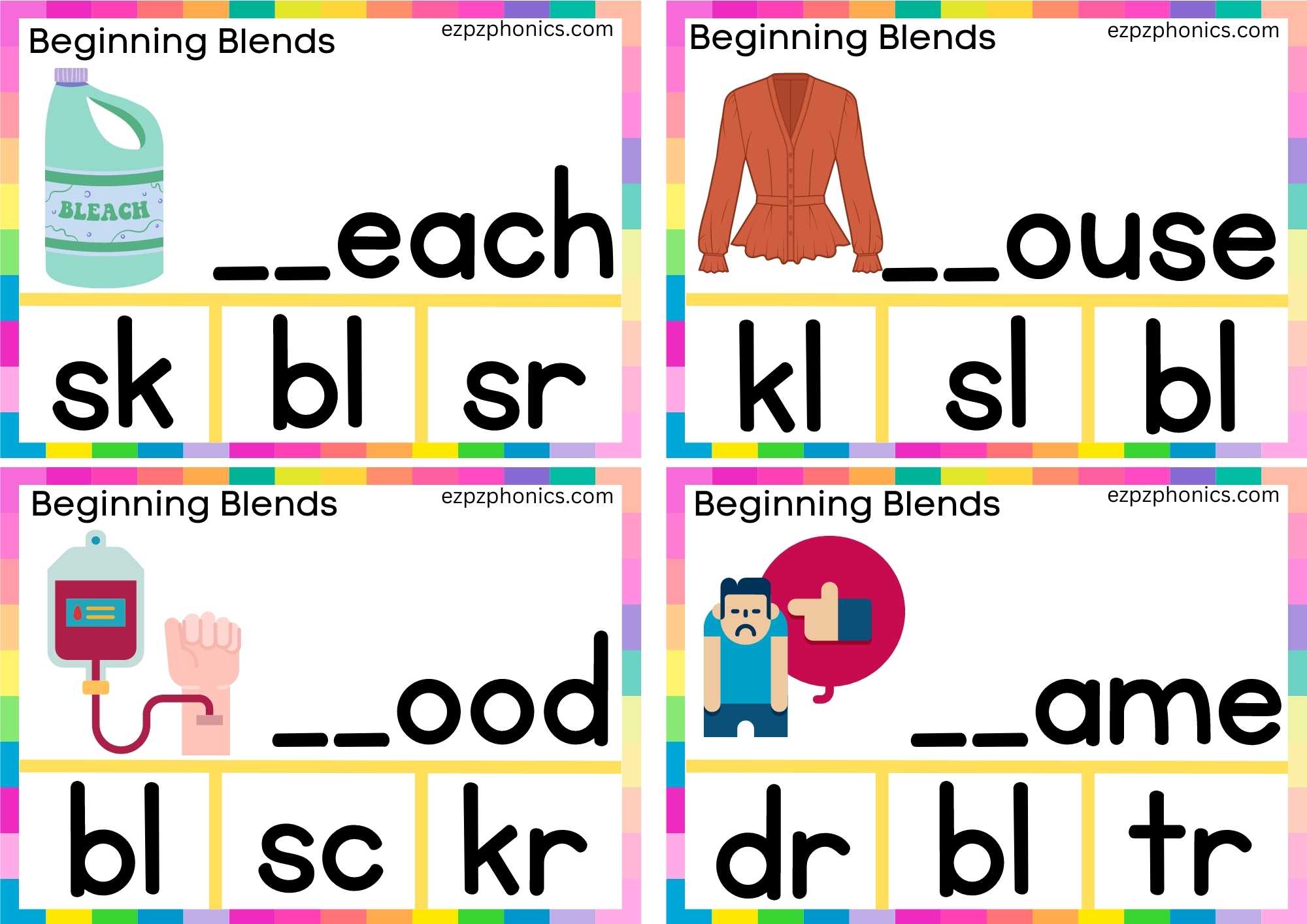BL Beginning Blends Clip Cards Finish The Words And Clip The Correct Letters Set 2
